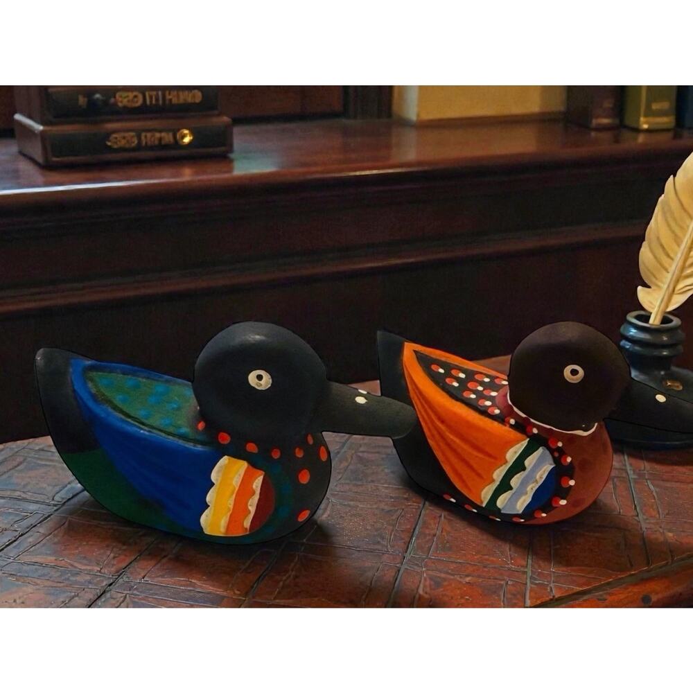 KOREAN Wedding Ducks Hand Carved Set SIGNED Hand Painted Wood Fast Shipping 3218